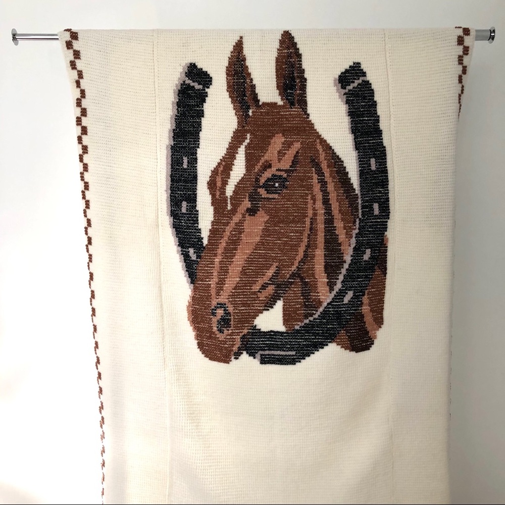 Vintage Handmade Knit Equestrian Horse Throw